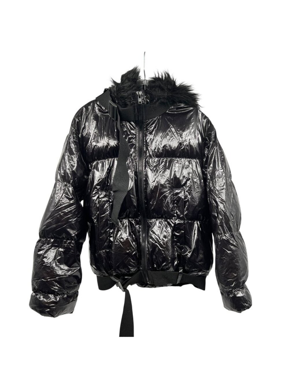 Robin Womens Puffer Coat Shiny Black Faux Fur Hood Full Zip EU Size 40 Pockets